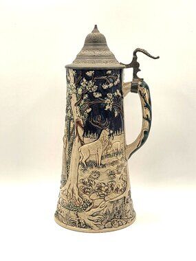 Antique Matthias Girmscheid Stoneware German Knight Wood Nymph Waldfee Lid Stein